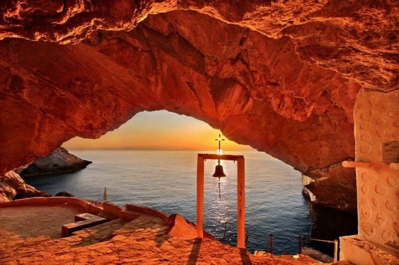 Sunset at the cave of the church of Agios Stefanos, close to Galissas village