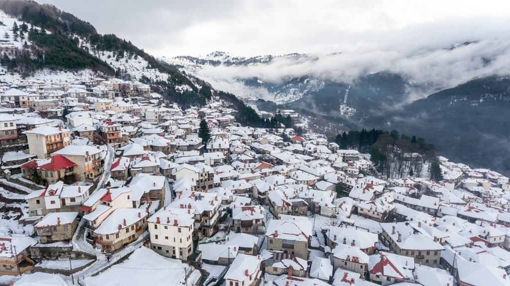 Village of Metsovo with snow in Greece