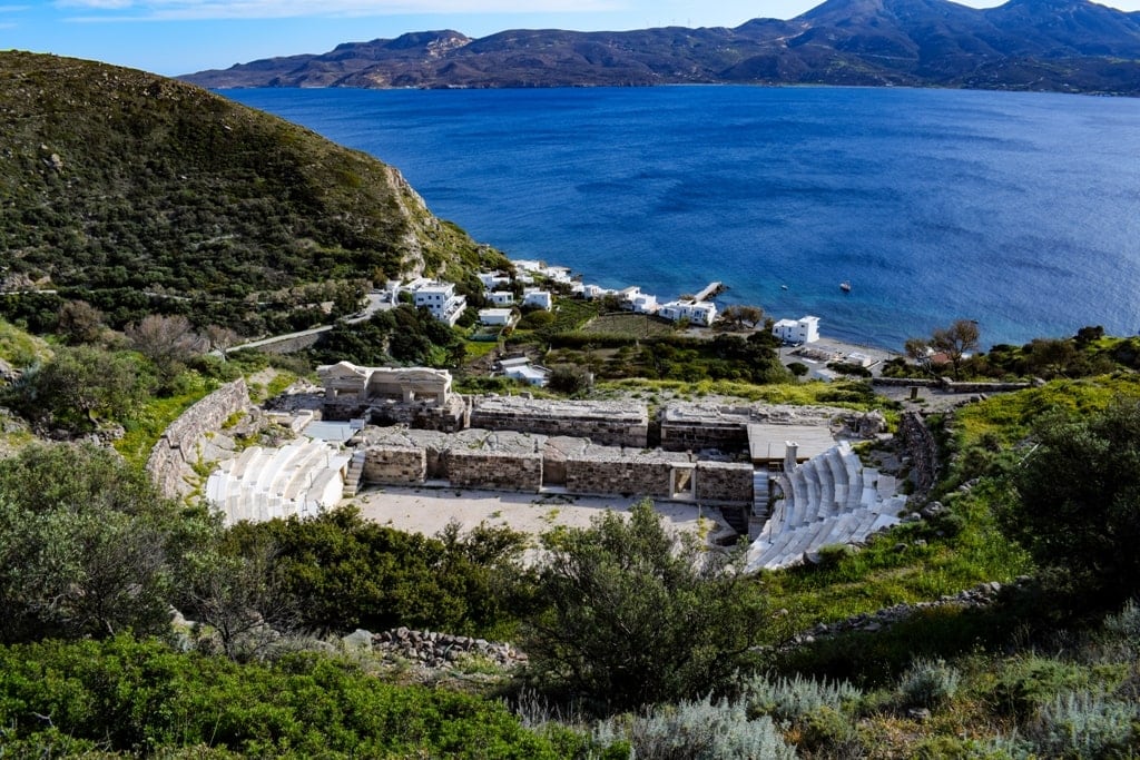 View of the ancient roman theater (3rd BC) and the bay of Klima village in Milos island in Greece
