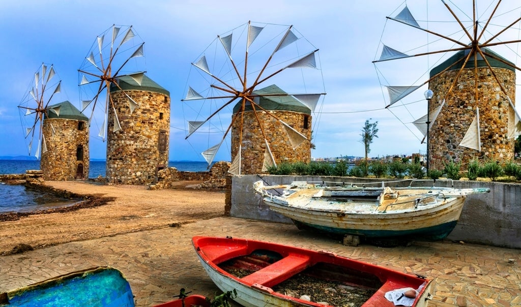 old windmills over the sea in Chios island
 