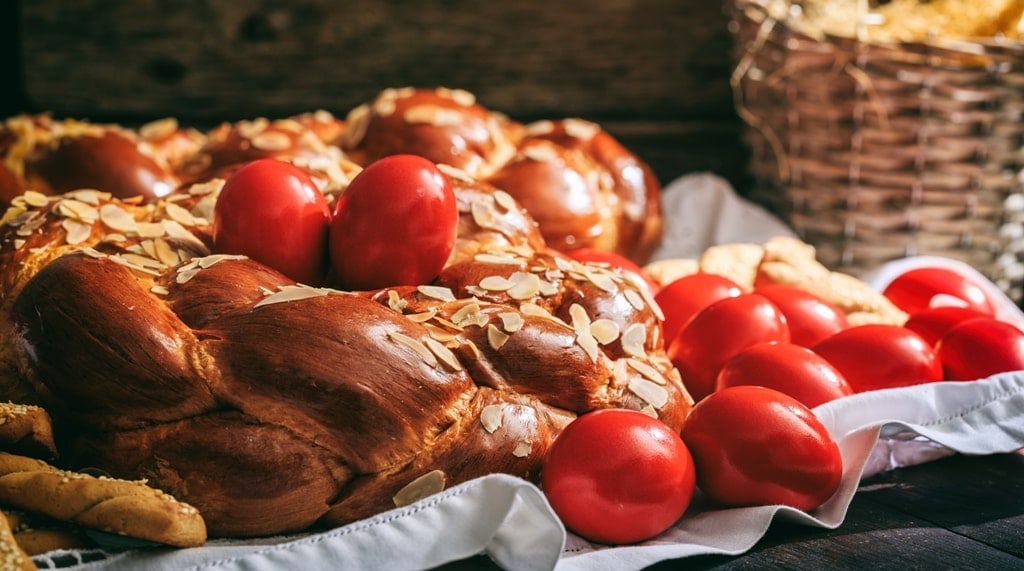 Easter traditional bread and red eggs - Easter in Greece