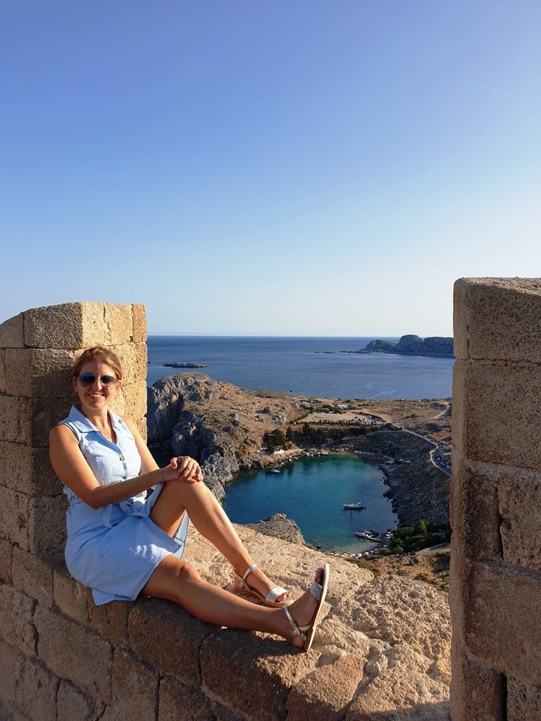 view of St Pauls Bay from the Acropolis of Lindos